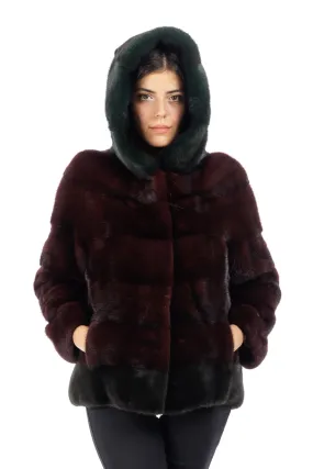Burgundy Mink Women’s Fur Jacket with Hood