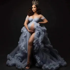 Modesto abito di maternità in tulle da sposa blu per servizio fotografico Abito da ballo extra Abiti con volant Abito di materni